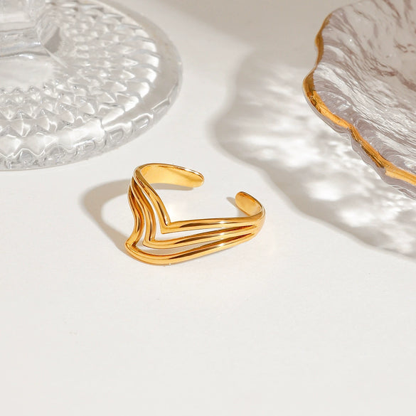 Women's Geometric Vshaped Irregular Hollow Titanium Steel Electroplated Ring