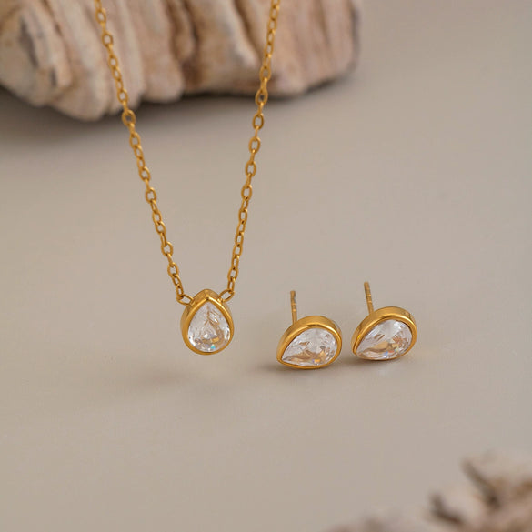 Women's Geometric Water Drop Cubic Zirconia Necklace And Earrings Set In Goldplated Stainless Steel