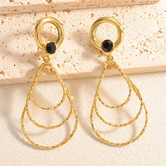 Women's Geometric Water Drop Earrings With Threelayer Gradient Circles Rhinestone Accents Electroplated Alloy And Stainless Steel Posts