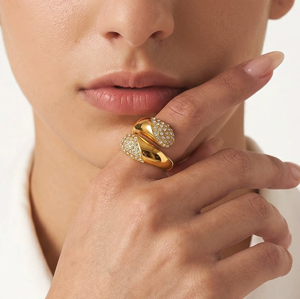 Women's Geometric Water Drop Stainless Steel Adjustable Ring With Rhinestone Accent And 18K Vacuum Plated Finish