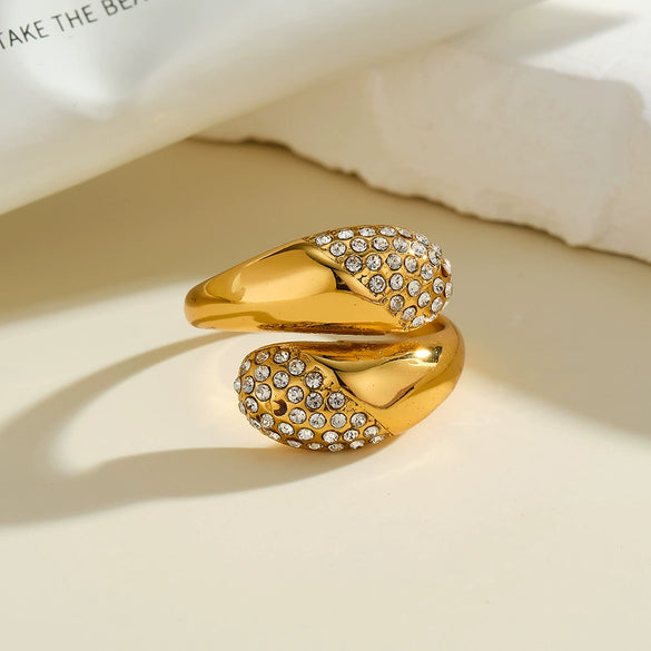 Women's Geometric Water Drop Stainless Steel Adjustable Ring With Rhinestone Accent And 18K Vacuum Plated Finish