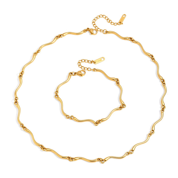 Women's Geometric Wave Jewelry Set With Stainless Steel Necklace And Bracelet Pvd Vacuum Gold Plated Design