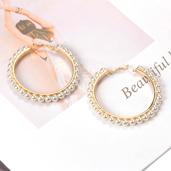 Women's Geometric Woven Pearl Rice Bead Earrings In Gold And Silver Tone Electroplated Metal Retro Fashion Statement Earrings