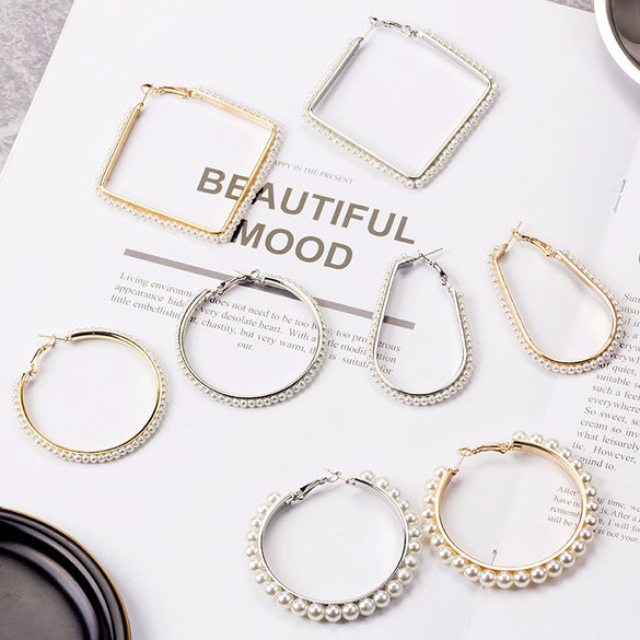 Women's Geometric Woven Pearl Rice Bead Earrings In Gold And Silver Tone Electroplated Metal Retro Fashion Statement Earrings