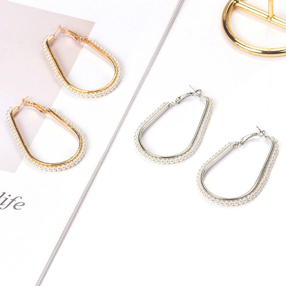 Women's Geometric Woven Pearl Rice Bead Earrings In Gold And Silver Tone Electroplated Metal Retro Fashion Statement Earrings