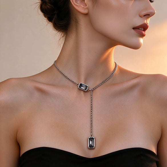 Women's Geometric Yshaped Square Rhinestone Pendant Necklace With Polished Electroplated Iron Chain And Lobster Clasp