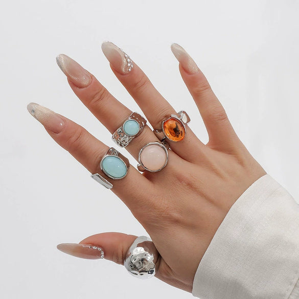 Women's Geometric Zinc Alloy Ring Set With Gemstonestyle Acrylic Details Open Irregular Hammered Texture And Polished Finish
