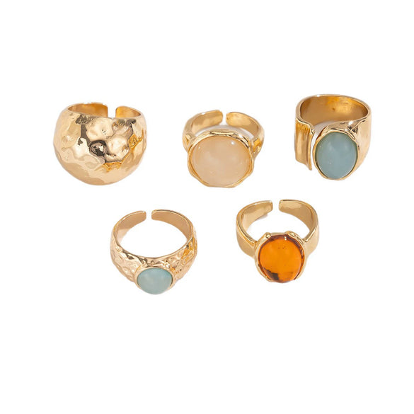 Women's Geometric Zinc Alloy Ring Set With Gemstonestyle Acrylic Details Open Irregular Hammered Texture And Polished Finish