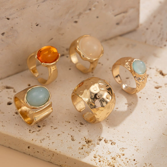 Women's Geometric Zinc Alloy Ring Set With Gemstonestyle Acrylic Details Open Irregular Hammered Texture And Polished Finish