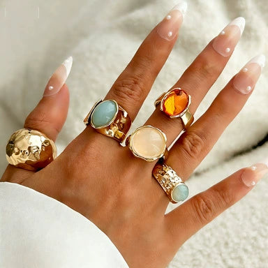 Women's Geometric Zinc Alloy Ring Set With Gemstonestyle Acrylic Details Open Irregular Hammered Texture And Polished Finish
