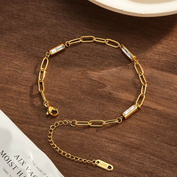 Women's Geometric Zircon Inlaid Bracelet In 18K Gold Plated Stainless Steel With Simple Trendy Fashion Style