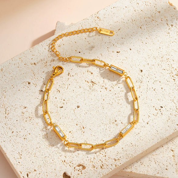 Women's Geometric Zircon Inlaid Bracelet In 18K Gold Plated Stainless Steel With Simple Trendy Fashion Style