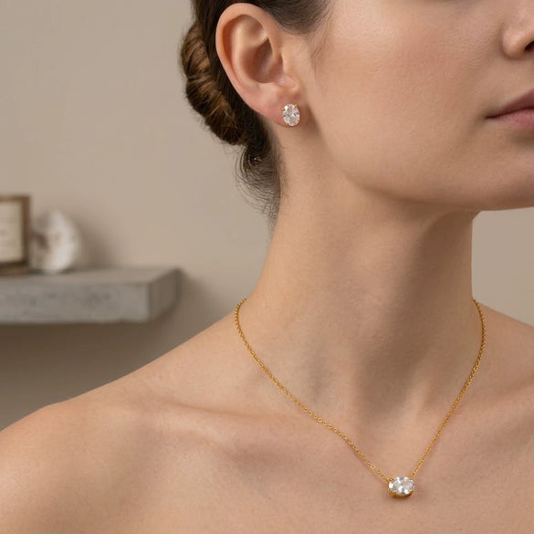 Women's Geometric Zircon Pendant Jewelry Set With Goldplated Stainless Steel Necklace And Matching Earrings