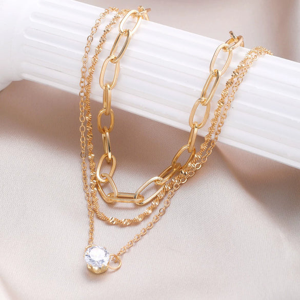 Women's Geometric Zircon Pendant Layered Chain Necklace Set In Electroplated Alloy Casual Style