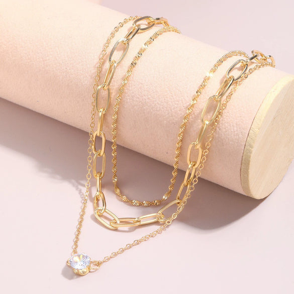Women's Geometric Zircon Pendant Layered Chain Necklace Set In Electroplated Alloy Casual Style