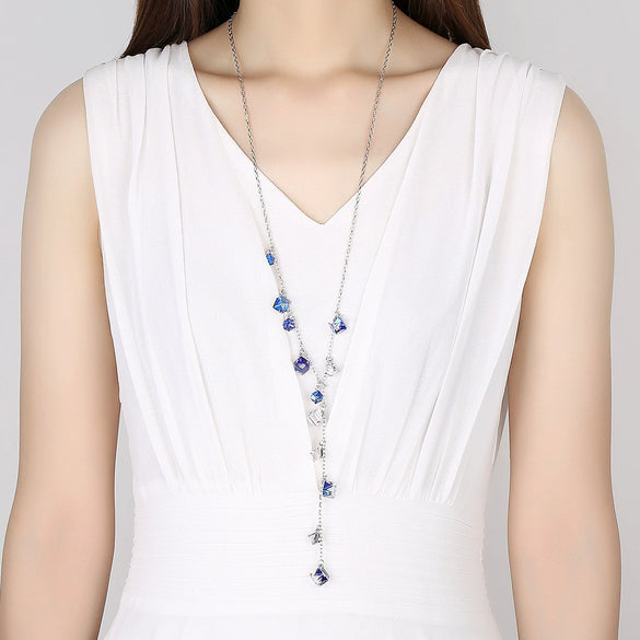 Women's Geometric Zircon Pendant Necklace With Copper Setting And Box Chain Elegant Sweater Accessory