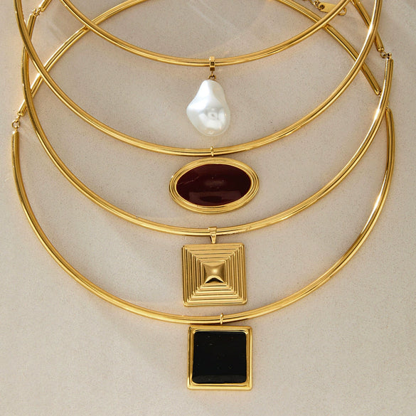 Women's Geometric Zircon Pendant Stainless Steel Choker Necklace With Plated Finish Statement Neck Ring Accessory