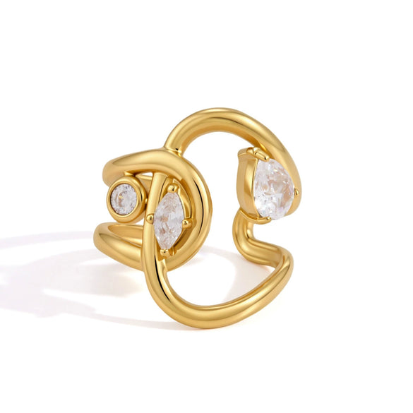 Women's Geometric Zircon Ring In Hypoallergenic Stainless Steel With Pvd Vacuum Gold Plated Finish High End Non Fading Jewelry