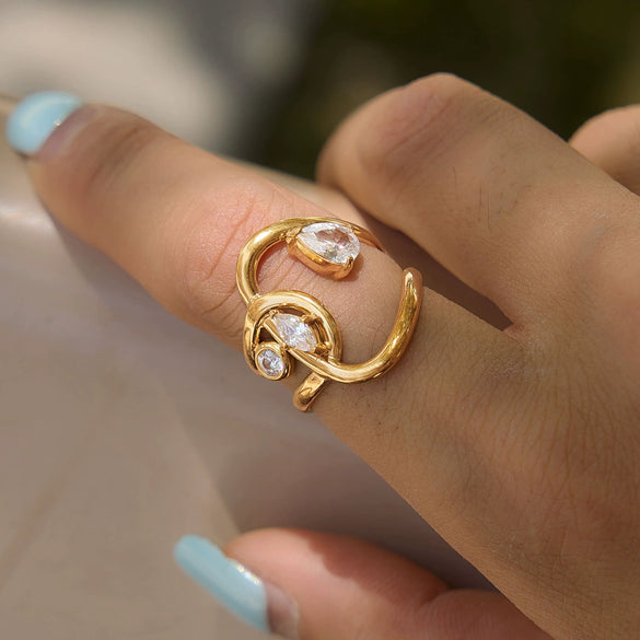 Women's Geometric Zircon Ring In Hypoallergenic Stainless Steel With Pvd Vacuum Gold Plated Finish High End Non Fading Jewelry