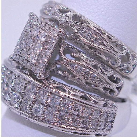 Women's Geometric Zircon Ring Set With Microinlaid Full Stone Design Electroplated Metal And Minimalist Light Luxury Fashion Style