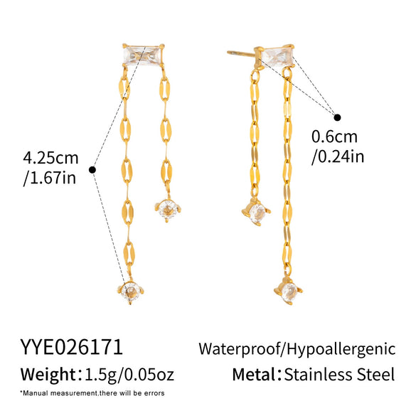 Women's Geometric Zircon Tassel Pendant Earrings In Stainless Steel With Vacuum Gold Plated Finish