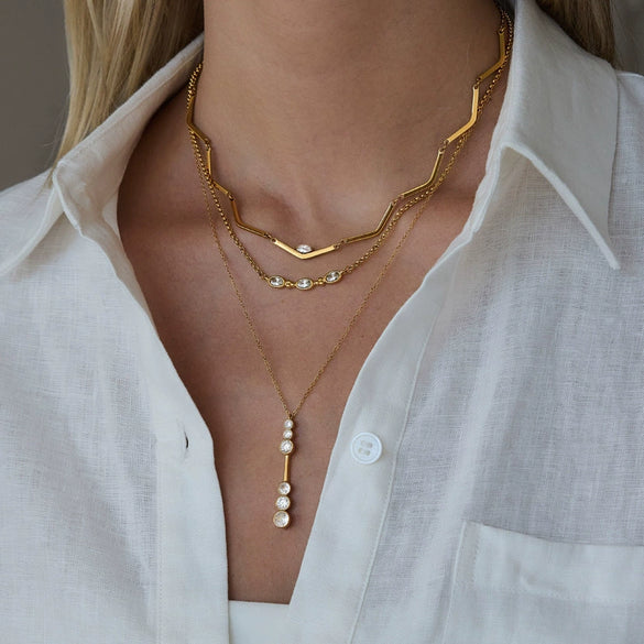 Women's Geometric Zirconia Pendant Necklace Stainless Steel Clavicle Chain With Pvd Vacuum Gold Plating And Lobster Clasp