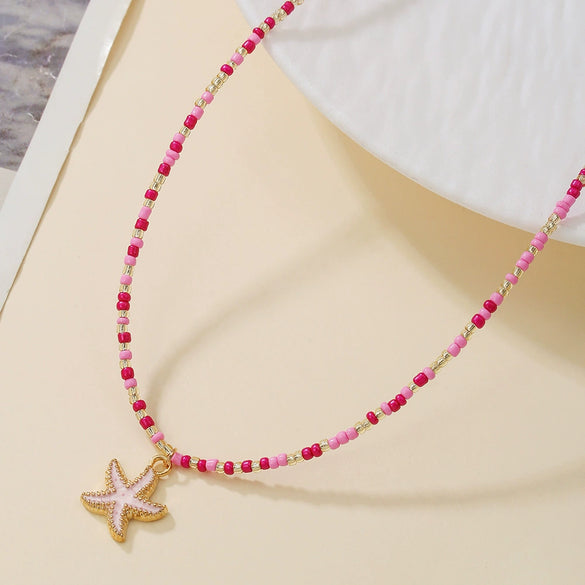 Women's Glass And Alloy Handmade Ocean Elements Geometric Starfish Pendant Adjustable Necklace
