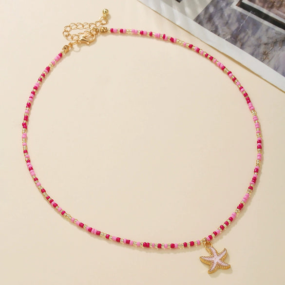 Women's Glass And Alloy Handmade Ocean Elements Geometric Starfish Pendant Adjustable Necklace