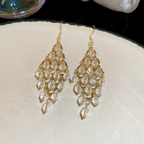 Women's Glass Glazed Drop Shape Diamondstudded Tassel Earrings With Highend Feel