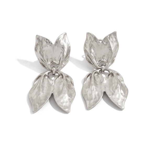 Women’s Gold Plated Alloy Earrings With Asymmetrical Leaf And Bow Design Hammered Texture Three Dimensional Statement Jewelry