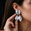 Women’s Gold Plated Alloy Earrings With Asymmetrical Leaf And Bow Design Hammered Texture Three Dimensional Statement Jewelry
