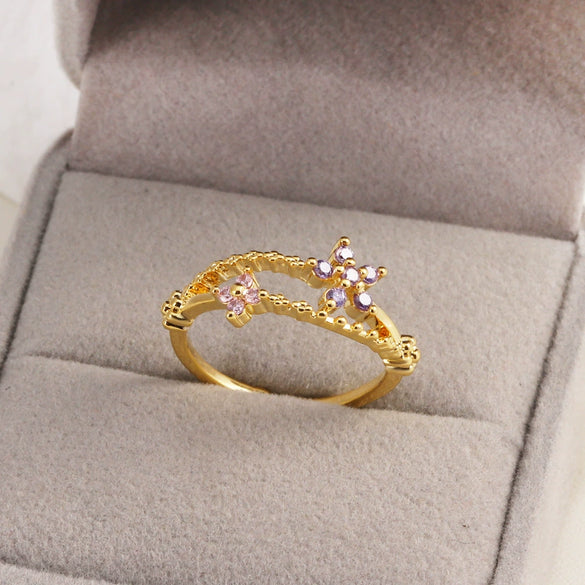 Women's Gold Plated Copper Cute Fairy Flash Diamond Butterfly Flower Rings With Electroplating