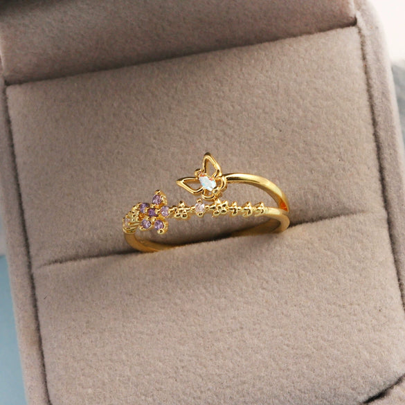 Women's Gold Plated Copper Cute Fairy Flash Diamond Butterfly Flower Rings With Electroplating