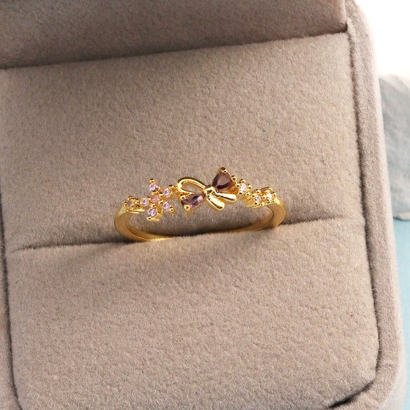 Women's Gold Plated Copper Cute Fairy Flash Diamond Butterfly Flower Rings With Electroplating