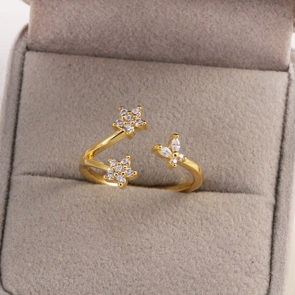 Women's Gold Plated Copper Cute Fairy Flash Diamond Butterfly Flower Rings With Electroplating