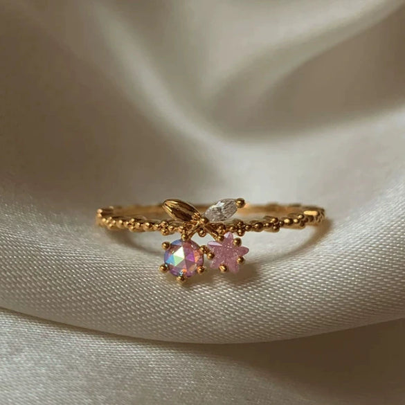 Women's Gold Plated Copper Cute Fairy Flash Diamond Butterfly Flower Rings With Electroplating