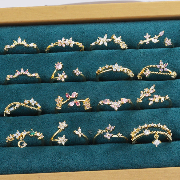 Women's Gold Plated Copper Cute Fairy Flash Diamond Butterfly Flower Rings With Electroplating
