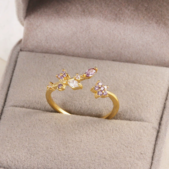 Women's Gold Plated Copper Cute Fairy Flash Diamond Butterfly Flower Rings With Electroplating