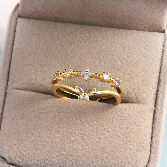 Women's Gold Plated Copper Cute Fairy Flash Diamond Butterfly Flower Rings With Electroplating