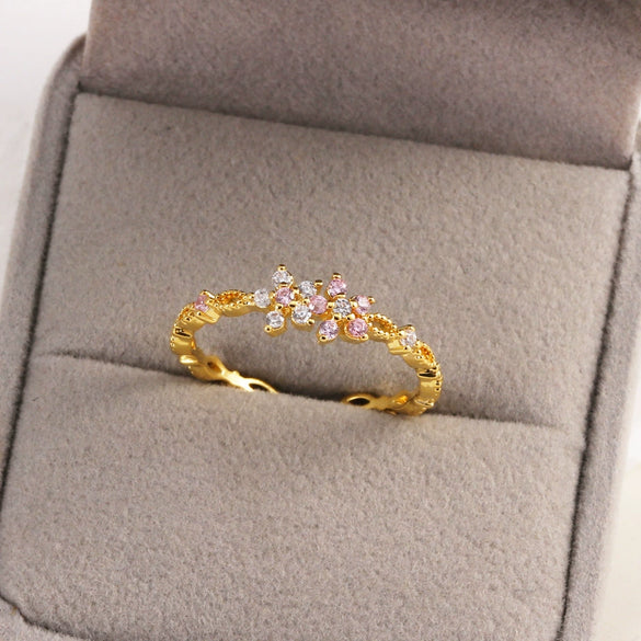 Women's Gold Plated Copper Cute Fairy Flash Diamond Butterfly Flower Rings With Electroplating