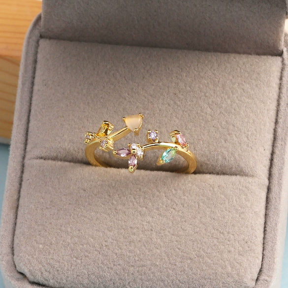 Women's Gold Plated Copper Cute Fairy Flash Diamond Butterfly Flower Rings With Electroplating