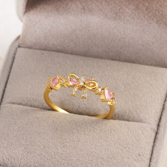 Women's Gold Plated Copper Cute Fairy Flash Diamond Butterfly Flower Rings With Electroplating