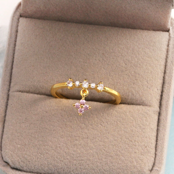 Women's Gold Plated Copper Cute Fairy Flash Diamond Butterfly Flower Rings With Electroplating