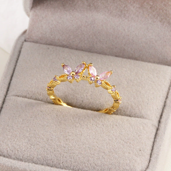 Women's Gold Plated Copper Cute Fairy Flash Diamond Butterfly Flower Rings With Electroplating