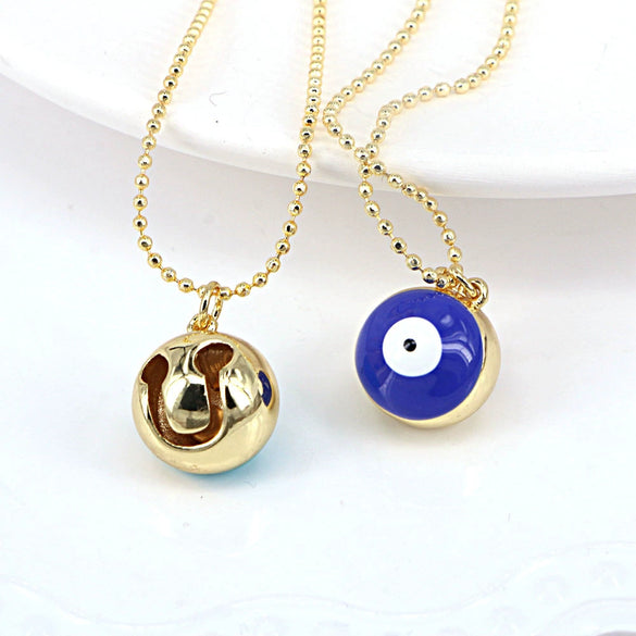 Women's Gold Plated Copper Geometric Evil Eye Pendant Necklace With Colorful Enamel Detail And Ball Chain