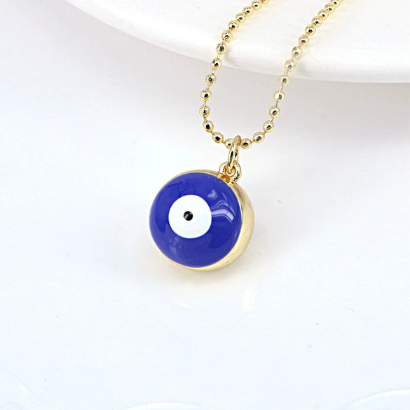 Women's Gold Plated Copper Geometric Evil Eye Pendant Necklace With Colorful Enamel Detail And Ball Chain