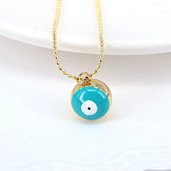 Women's Gold Plated Copper Geometric Evil Eye Pendant Necklace With Colorful Enamel Detail And Ball Chain