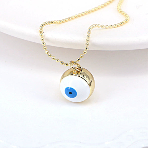 Women's Gold Plated Copper Geometric Evil Eye Pendant Necklace With Colorful Enamel Detail And Ball Chain