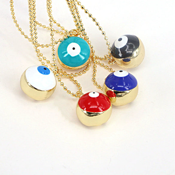Women's Gold Plated Copper Geometric Evil Eye Pendant Necklace With Colorful Enamel Detail And Ball Chain