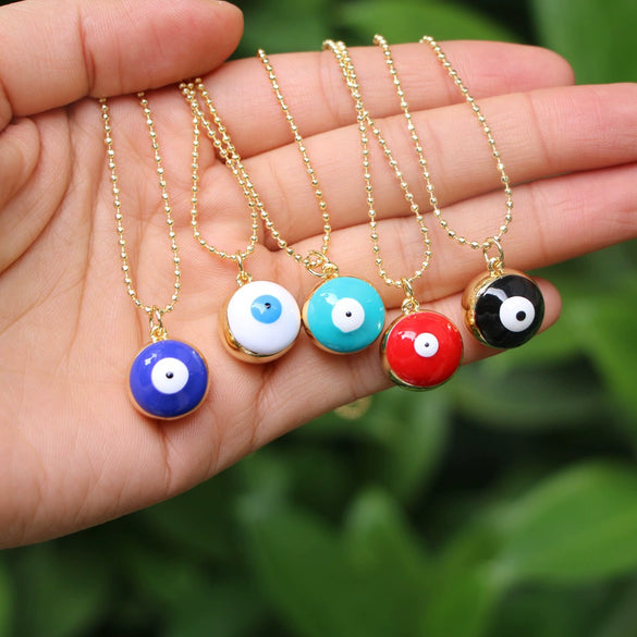Women's Gold Plated Copper Geometric Evil Eye Pendant Necklace With Colorful Enamel Detail And Ball Chain